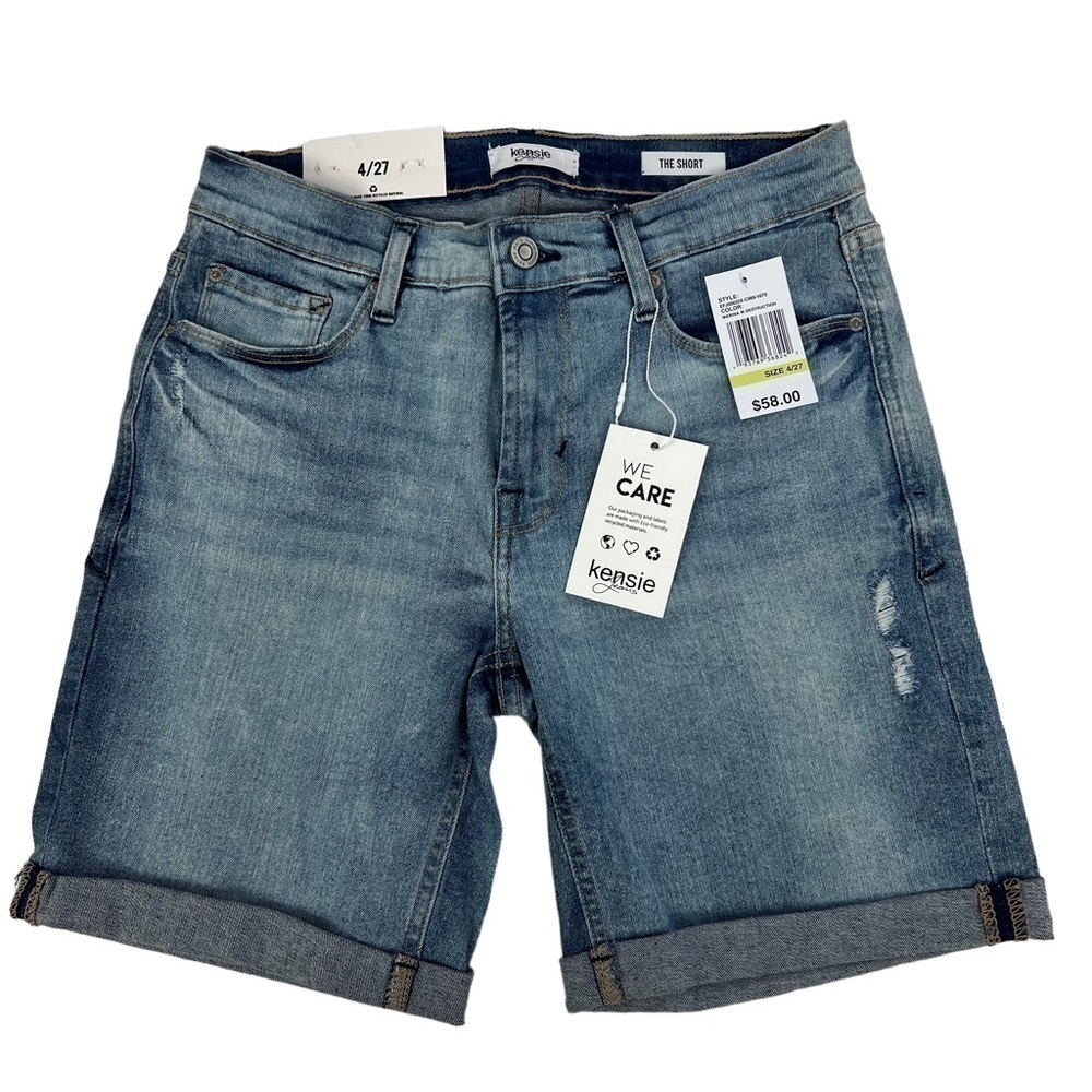 NWT KENSIE Women’s Blue Jean Shorts Sz 4 Distressed Medium Wash Stretch Pockets